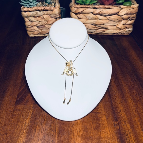 #1 Mom!  Sliding Lariat Brushed Gold and Crystal Pendant Necklace.  32” chain. - Picture 2 of 13